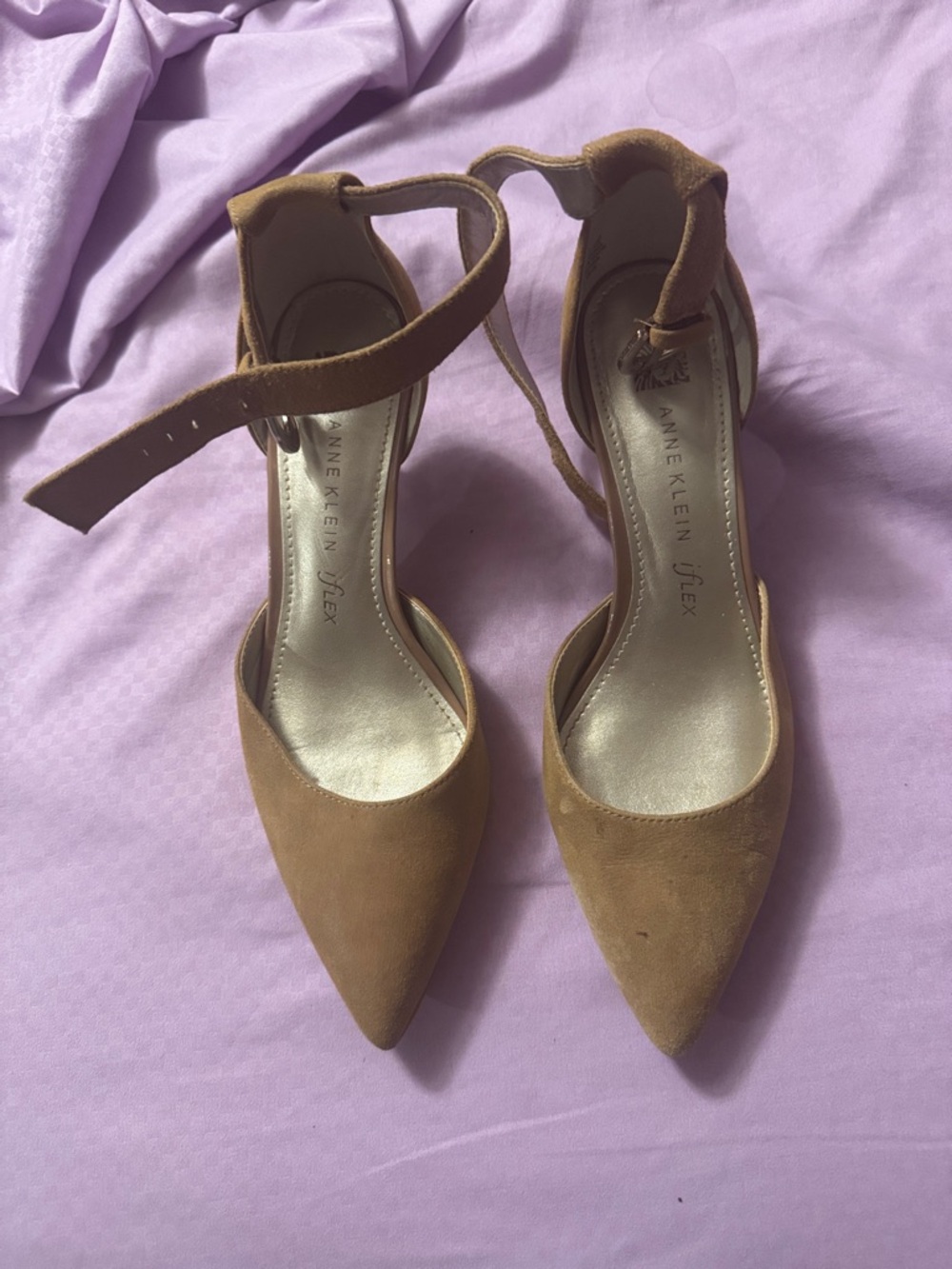 Anne Klein Tan Suede Pointed Ankle-Strap Heels